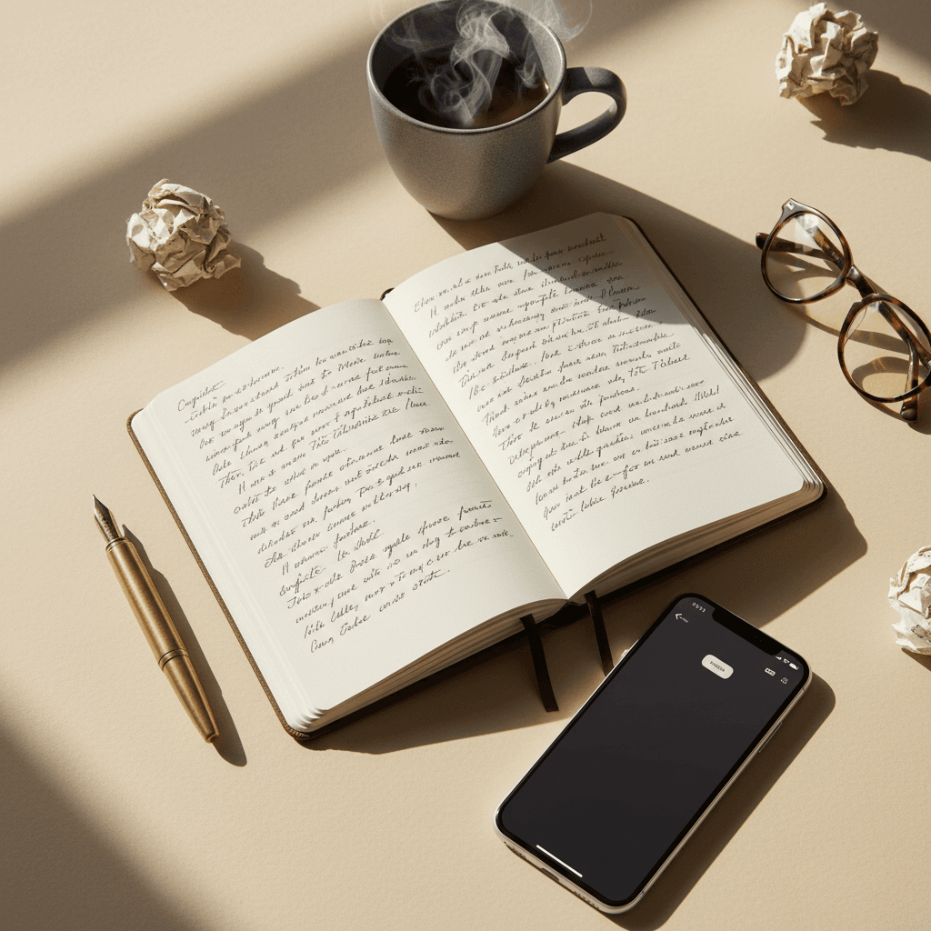 Content creation workspace with notebook and pen