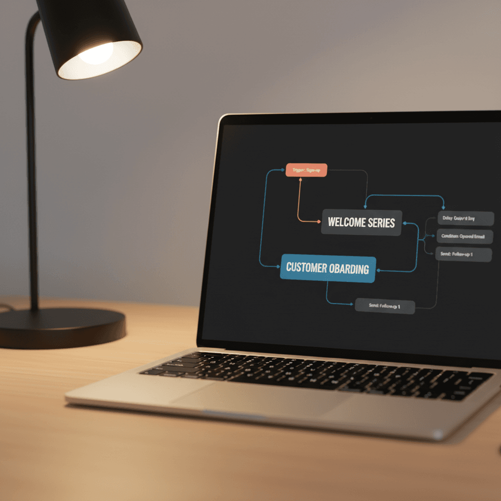 Email marketing automation workflow on a laptop