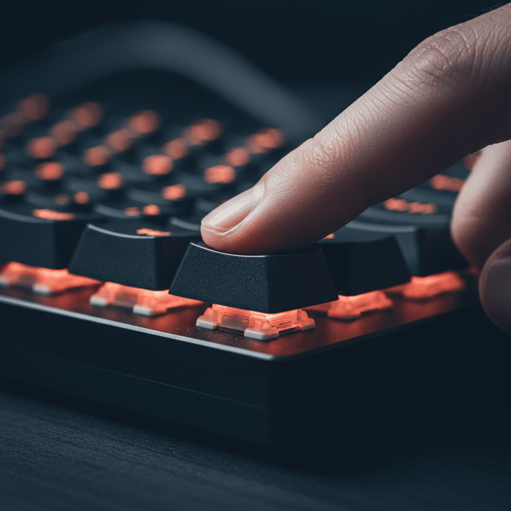 Close-up of a finger pressing a keyboard key with a blurred coral backlight