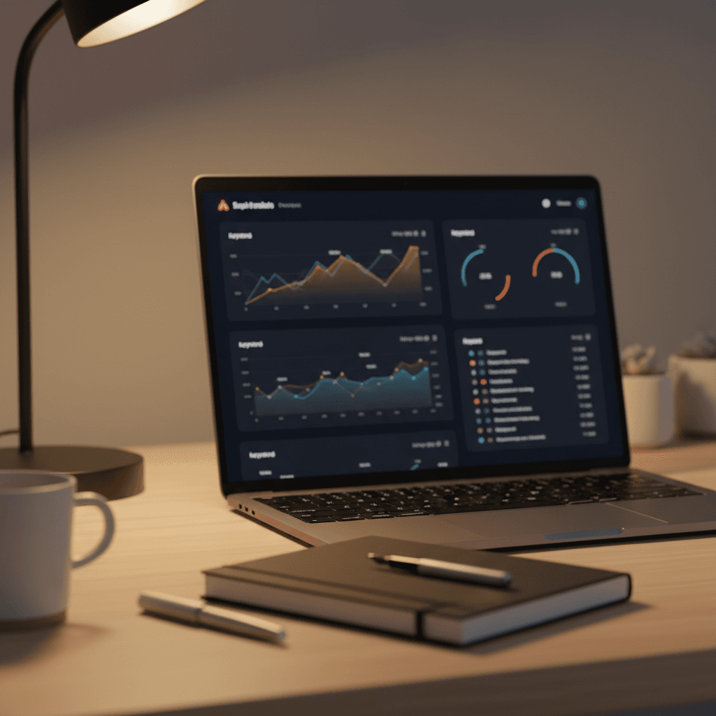 SEO dashboard on a laptop screen showing analytics graphs