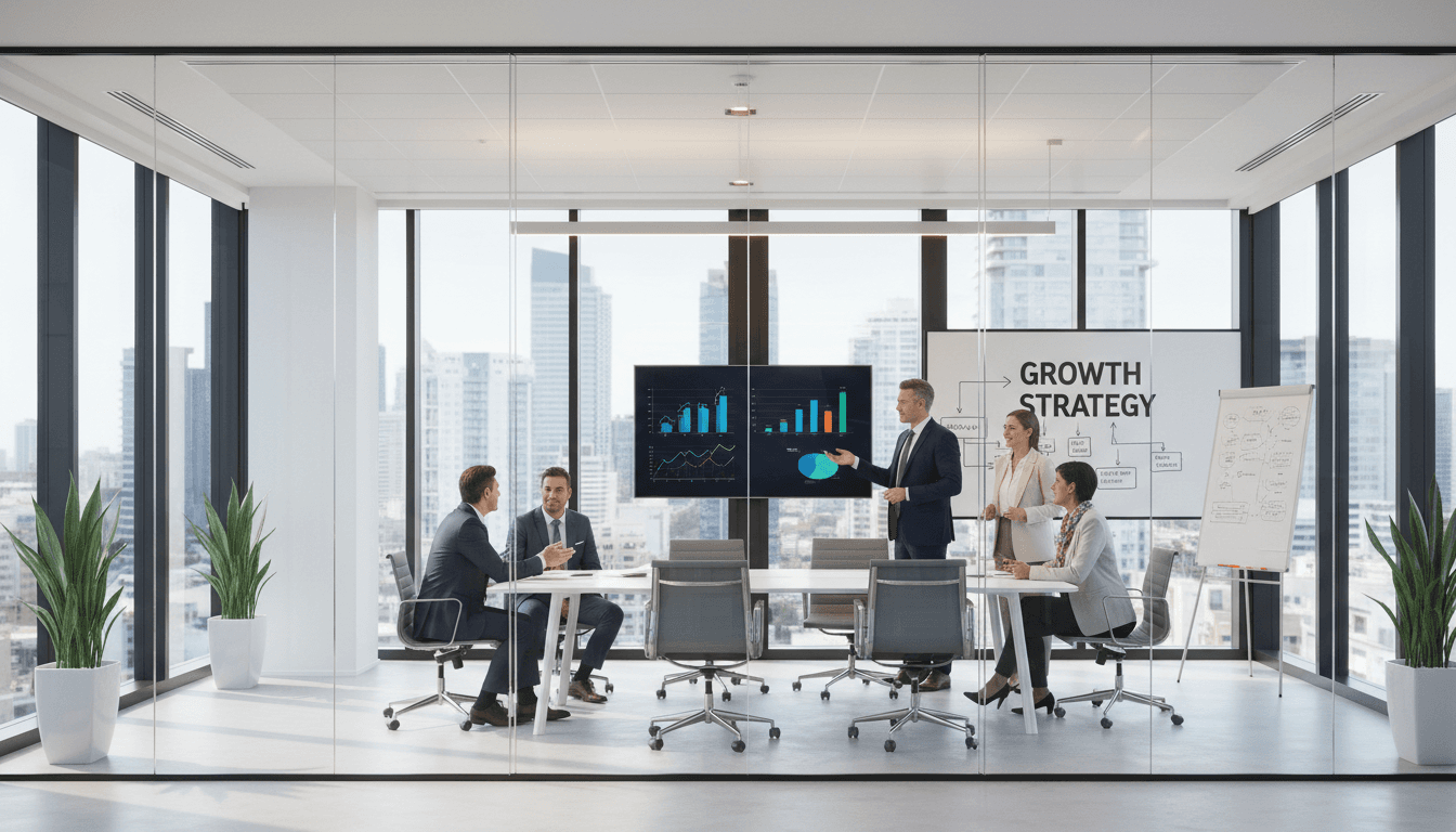 Two marketing professionals reviewing campaign performance data on a large screen.
