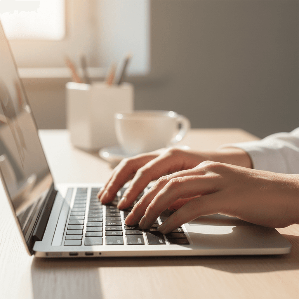 Person typing on a laptop at a minimal desk with natural morning light
