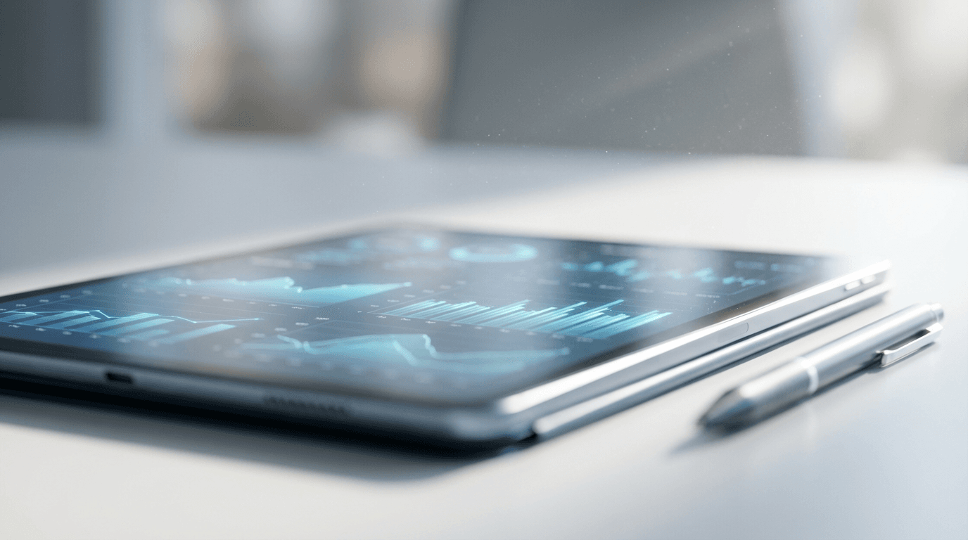 Tablet with data analytics dashboard and charts