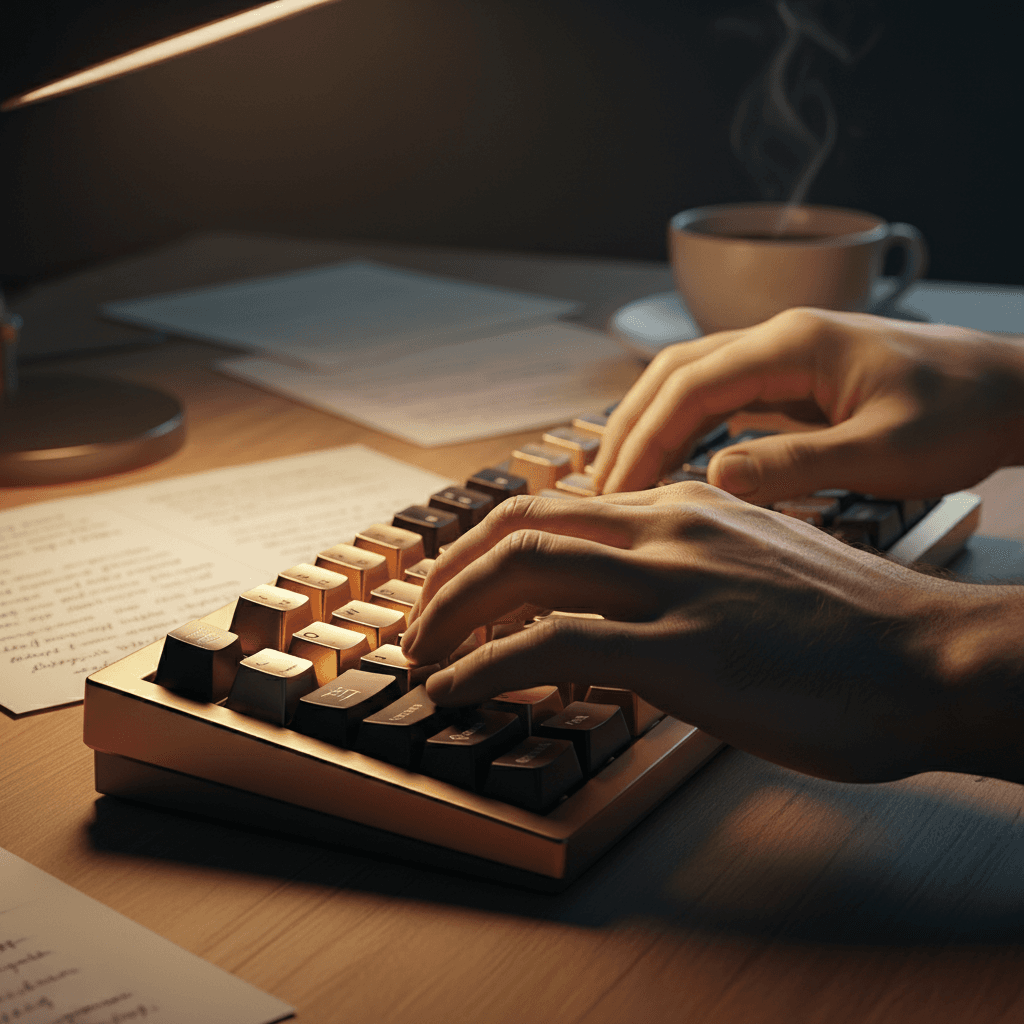 Hands typing on keyboard with notebook beside