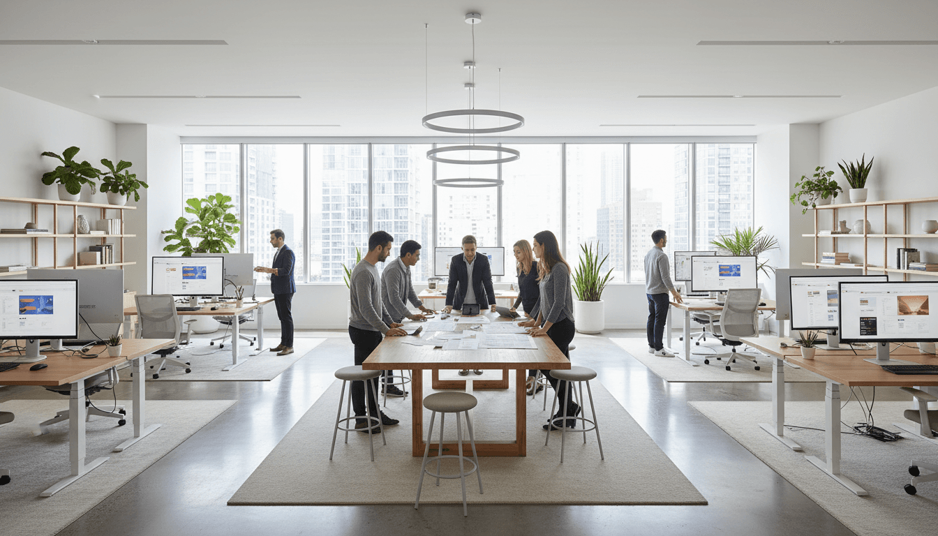 Team reviewing marketing report in modern office