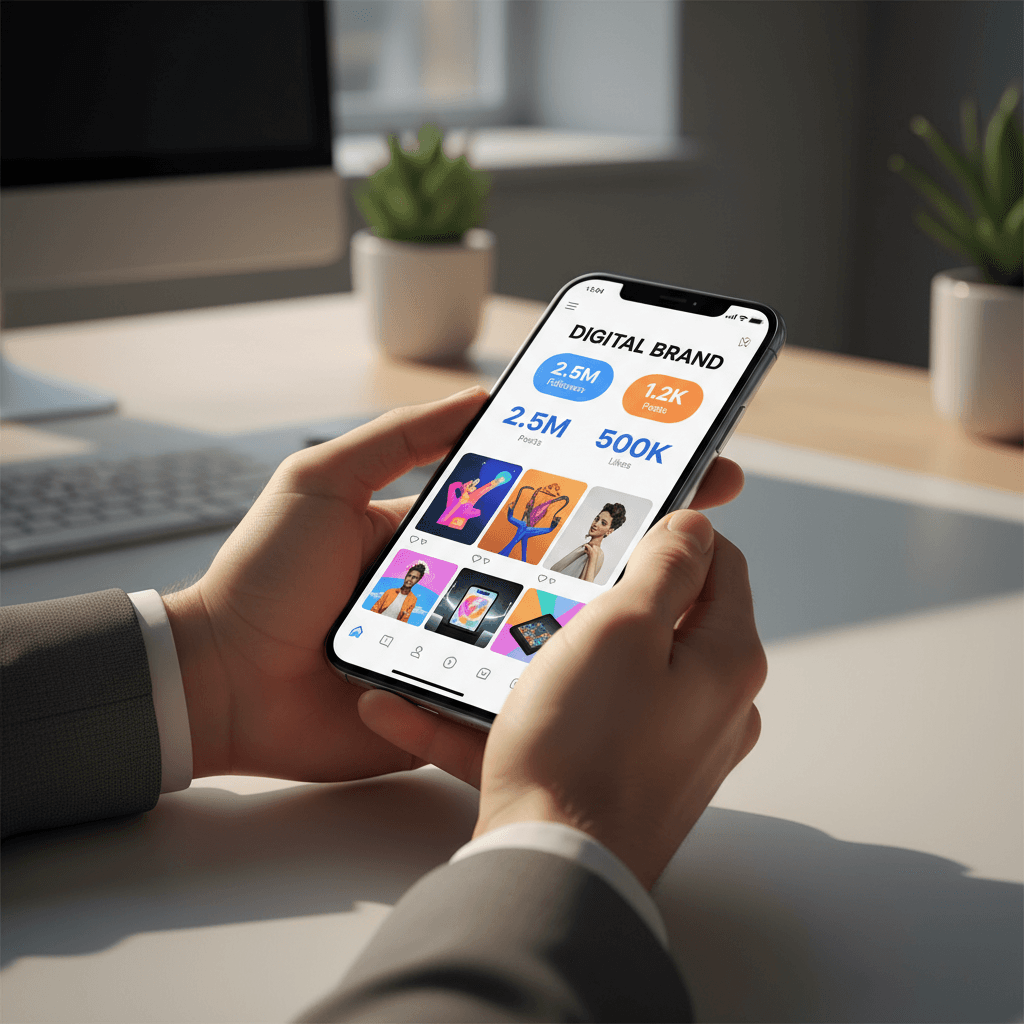 A hand holding a smartphone showing a social media content planner app.