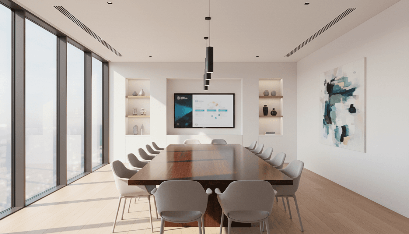 Modern conference room with navy accent wall and natural light