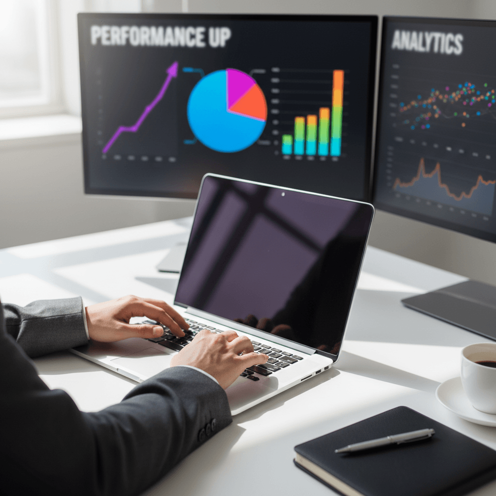 Stack of printed marketing reports with colorful charts and graphs on a desk.
