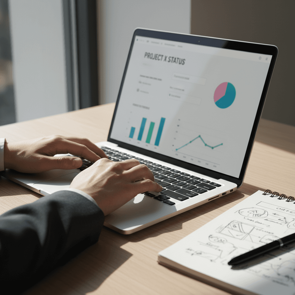 Laptop dashboard with colorful analytics graphs and metrics