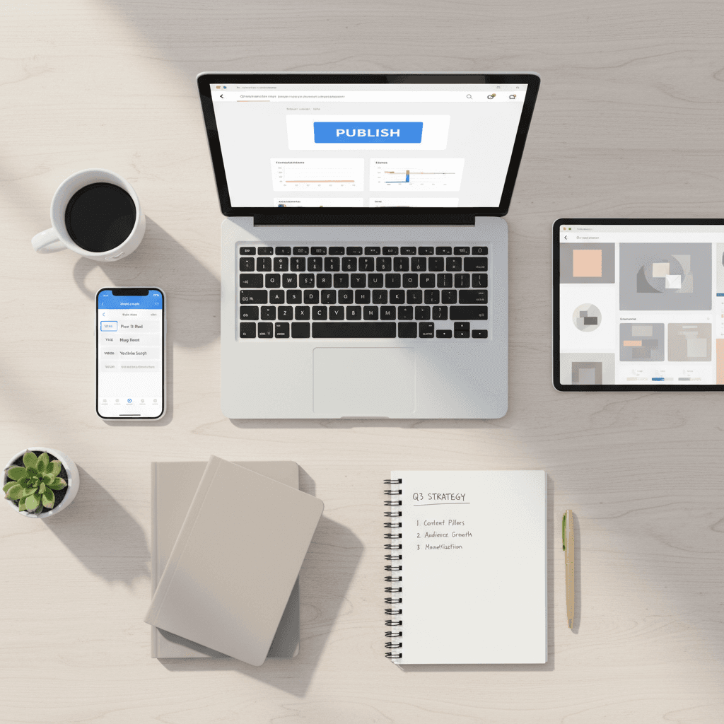 Tablet with social media scheduling app on desk