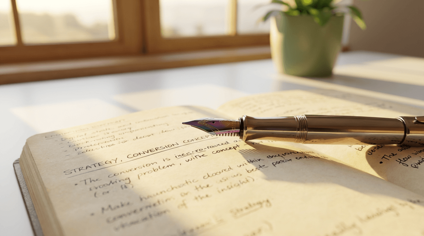 Open notebook with handwritten marketing strategy notes and sketches.